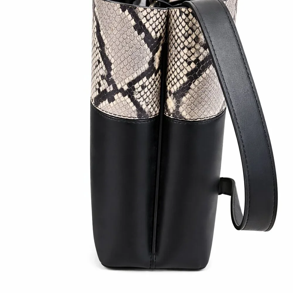Tory Burch Block-T Triple Compartment Snake Embossed Leather Tote Black Satchel